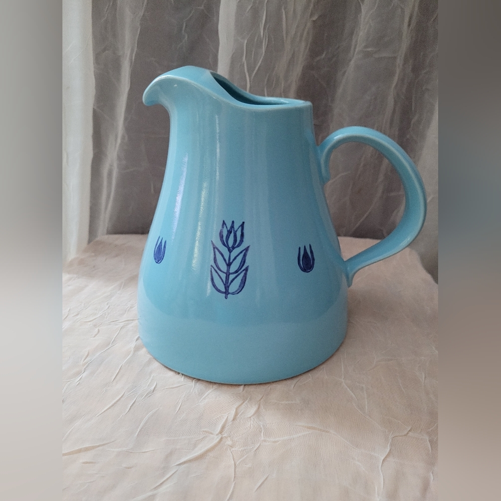 Vintage Blue Tulip Cronin Pottery Water Pitcher Mid Century USA 7" Tall